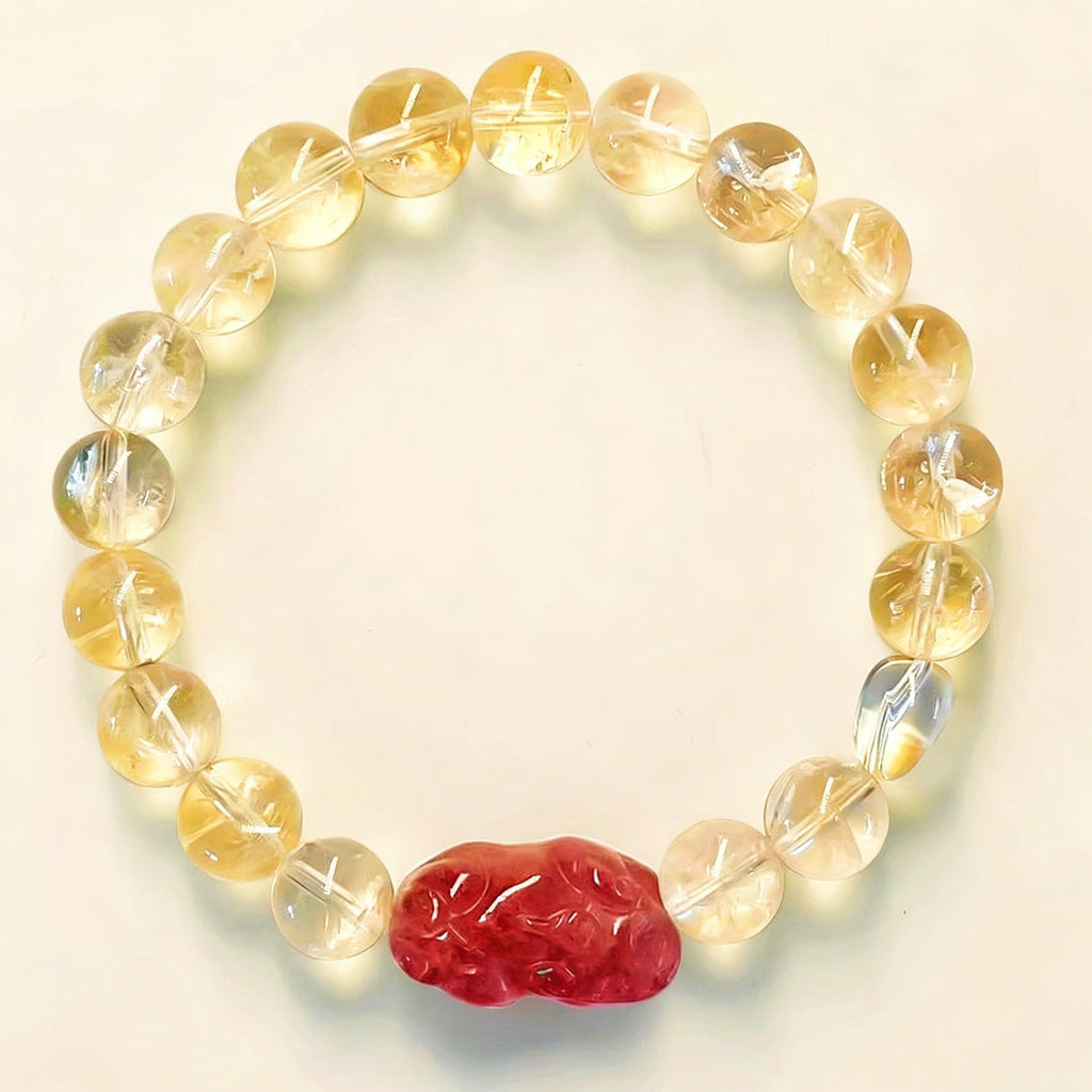 Hand‑Carved Strawberry Quartz Pixiu with Citrine Beads — Meaning of Wealth & Positive Flow | Zen Ara Grove