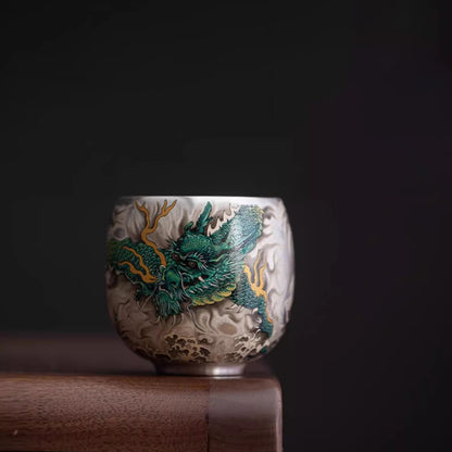 999 Silver Hammered Teacup – Dragon & Phoenix Design – Handcrafted Symbol of Strength and Harmony | Zen Ara Grove