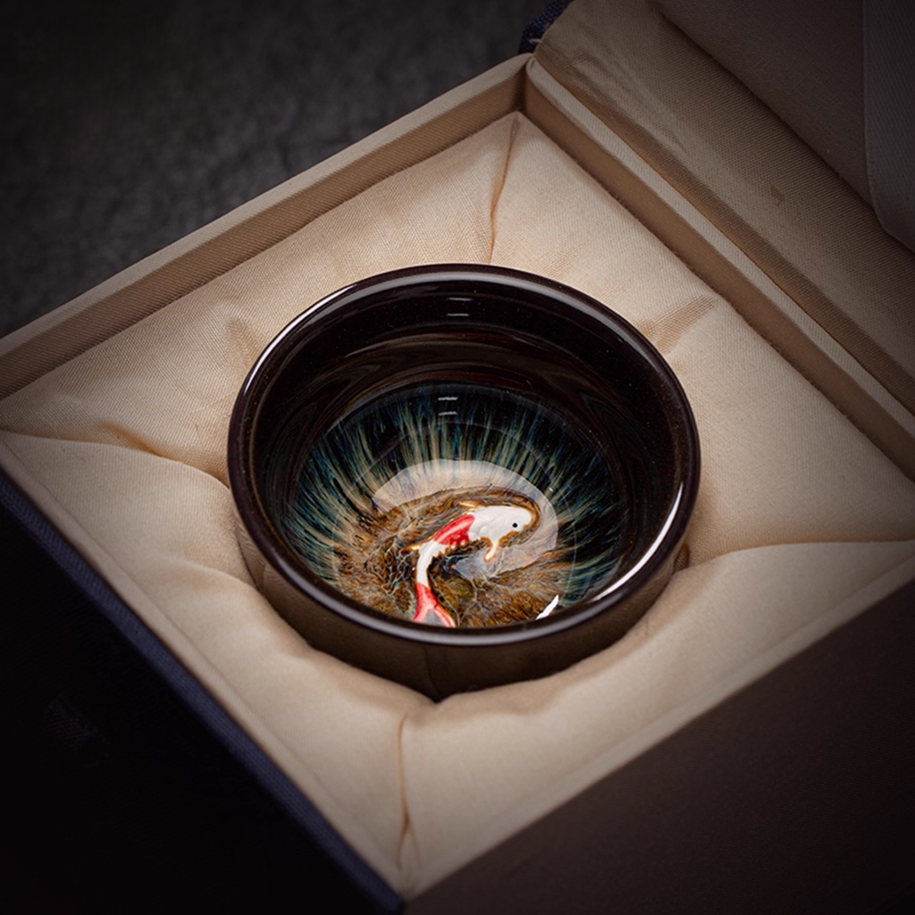 Kiln-Change Glaze Porcelain Teacup – Lucky Fish "Year of Plenty" Design | Zen Ara Grove