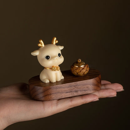 Natural Tagua Nut Deer Figurine with Walnut Lotus Base – Lively and Graceful | Zen Ara Grove
