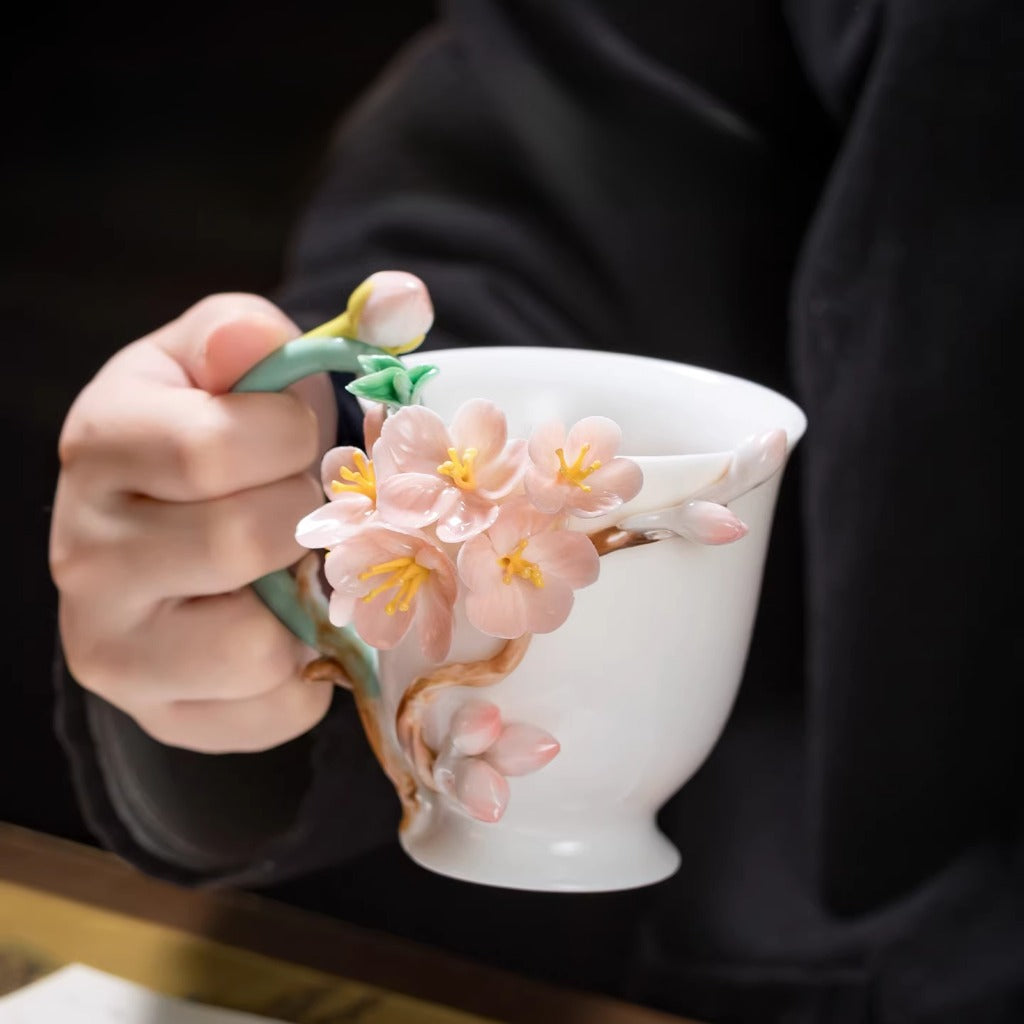 Handcrafted Ceramic Cup with Soft Pink Cherry Blossom – Blooming from the Cup, One of a Kind | Zen Ara Grove