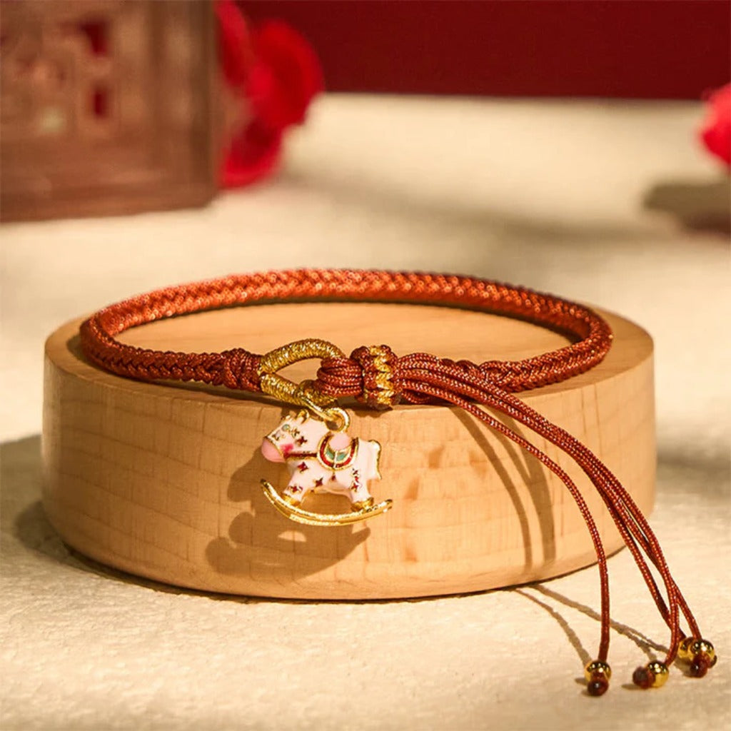 Adjustable Handmade Woven Bracelet with Drip-Glazed Sand Gold Horse Charm | Zen Ara Grove