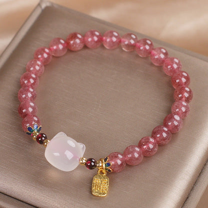 Strawberry Quartz Cat Head Bracelet – Luck & Charm | Zen Ara Grove