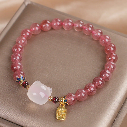 Strawberry Quartz Cat Head Bracelet – Luck & Charm | Zen Ara Grove
