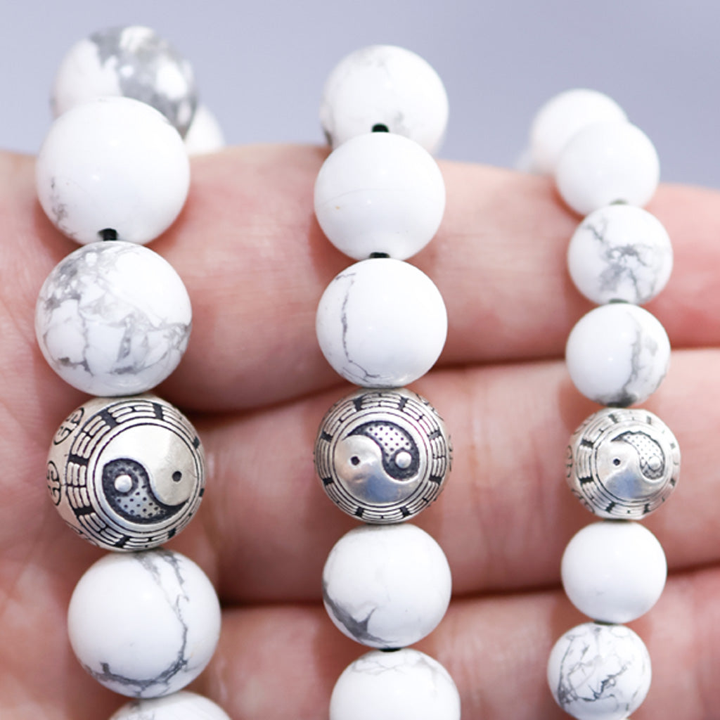 White Turquoise & Map Stone Beaded Bracelet – Yin-Yang Metal Accent, 999 Silver Ba Gua Bead | Zen Ara Grove