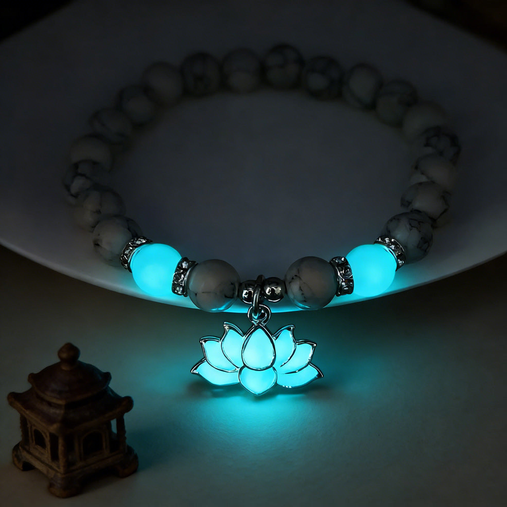 Glow-in-the-Dark Turquoise Lotus Bracelet – Zen Night Calm | Zen Ara Grove