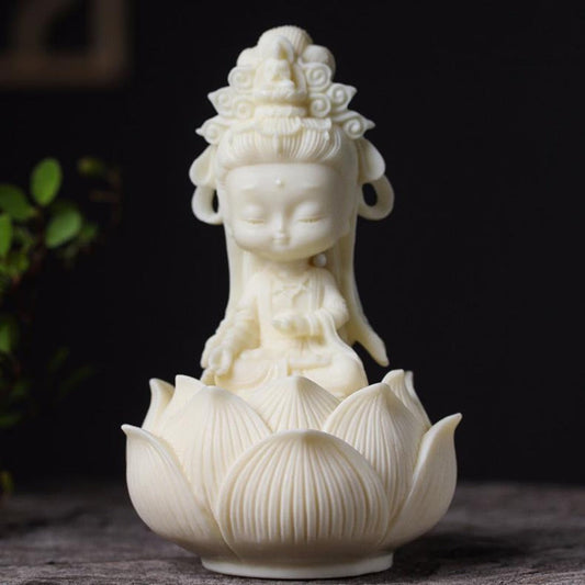 Hand-Carved Tagua Guanyin Statue with Lotus Base – Symbol of Compassion, Blessings & Peace | Zen Ara Grove
