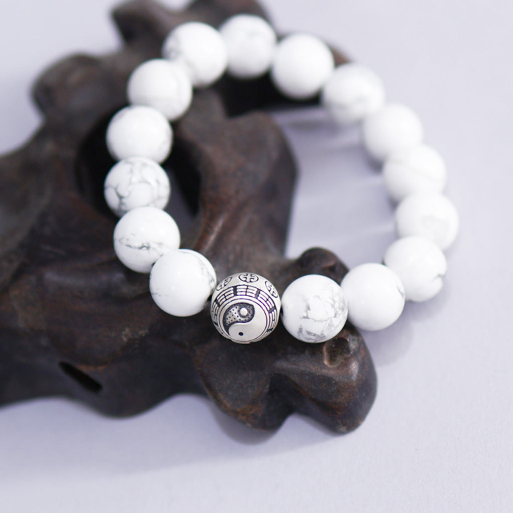 White Turquoise & Map Stone Beaded Bracelet – Yin-Yang Metal Accent, 999 Silver Ba Gua Bead | Zen Ara Grove