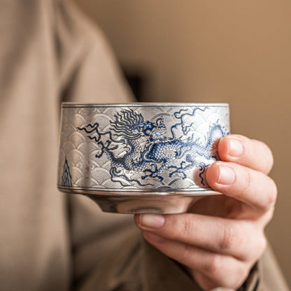Silver-Gilded Dragon Motif Ceramic Tea Cup – Handcrafted Elegance | Zen Ara Grove