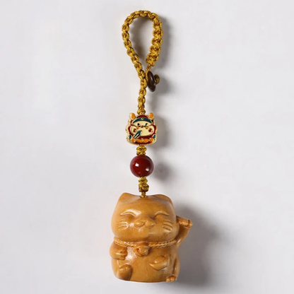 Small Leaf Red Sandalwood Green Sandalwood Sandalwood Lucky Cat Protection Key Chain Phone Hanging | Zen Ara Grove