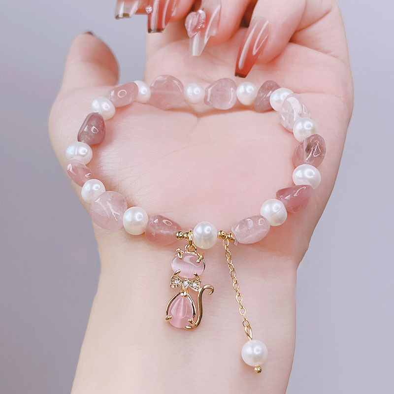 Natural Strawberry Quartz Pearl Cat Positive Bracelet | Zen Ara Grove