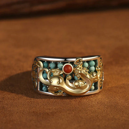 S925 Sterling Silver Adjustable Pixiu Ring with Turquoise & Abacus Motif – Hand-Carved Fortune Jewelry | Zen Ara Grove