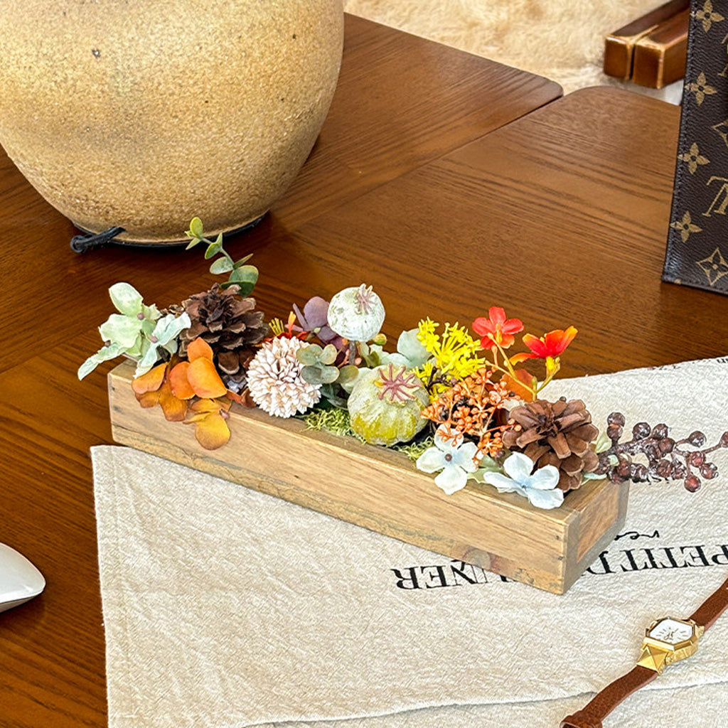 Handmade Silk Blossom Décor with Wooden Planter – Serenity in Bloom | Zen Ara Grove