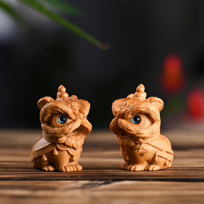 Hand-Carved Aromatic Cypress Lion Dance Figurine – Cute Wooden Home & Desk Decor | Zen Ara Grove