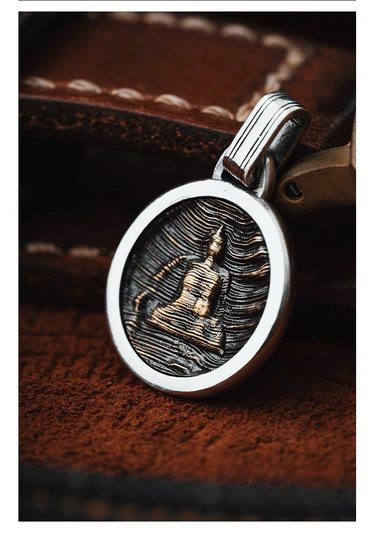 Zen Circle Pendant｜Gold Buddha in Silver Mandala