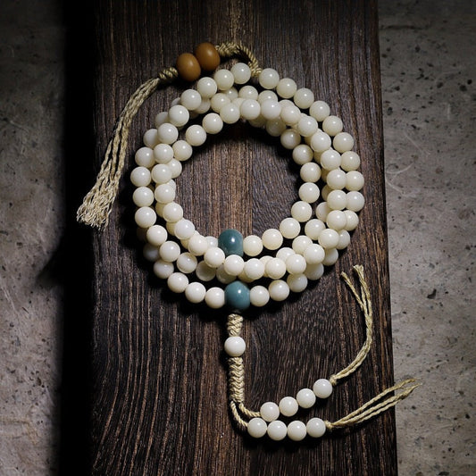 White Jade Bodhi Root 108 Bead Lotus Prayer Bracelet | Zen Ara Grove