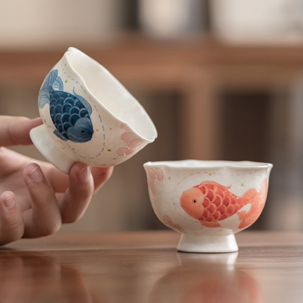 Hand-Painted Koi Porcelain Footed Cup – Flared Flower Rim | Zen Ara Grove