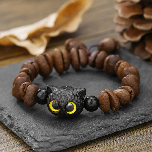 Handmade Natural Coffee Beans Cat Head Bodhi Seed Claw Paw Peace Bracele | Zen Ara Grove