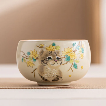 Cute Cat Yellow Flowers Rabbit Teacup Kung Fu Tea Cup  | Zen Ara Grove