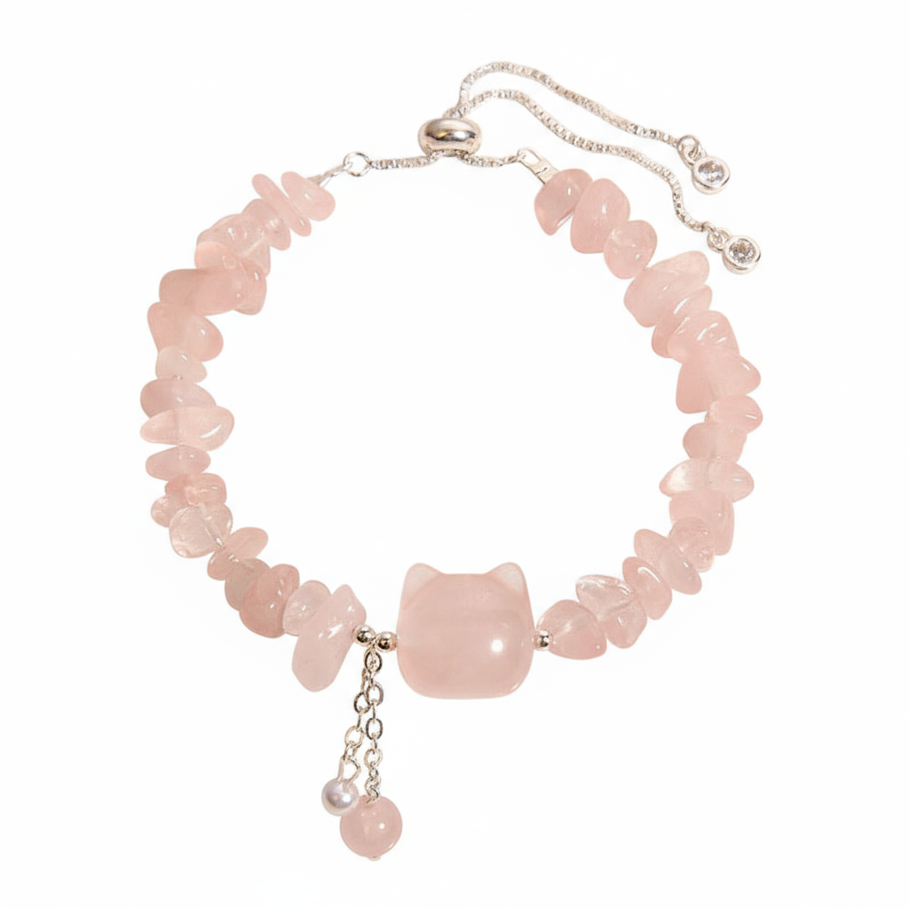 $9.99 LIMITED TIME OFFER Natural Pink Crystal Agate Gravel Stone Cat Head Soothing Bracelet | Zen Ara Grove