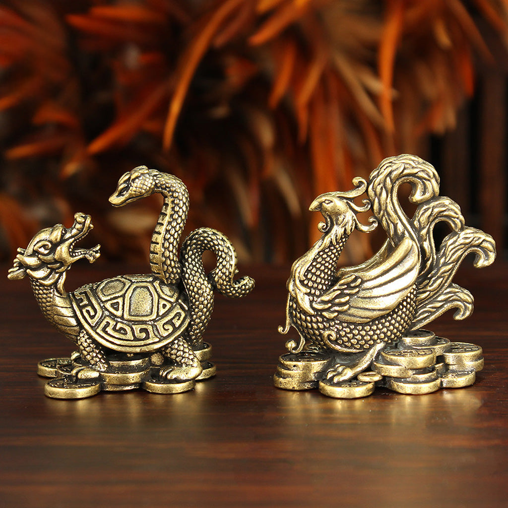 Brass Four Guardian Beasts Set – Azure Dragon, White Tiger, Vermilion Bird & Black Tortoise Statues | Zen Ara Grove