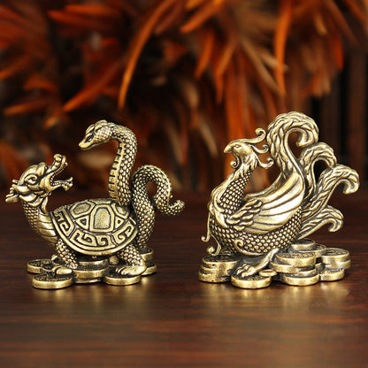 Brass Four Guardian Beasts Set – Azure Dragon, White Tiger, Vermilion Bird & Black Tortoise Statues | Zen Ara Grove