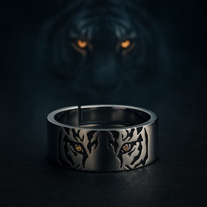 Fierce Gaze – Sterling Silver Tiger Ring with Diamond Eyes | Zen Ara Grove