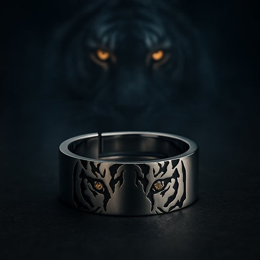 Fierce Gaze – Sterling Silver Tiger Ring with Diamond Eyes | Zen Ara Grove