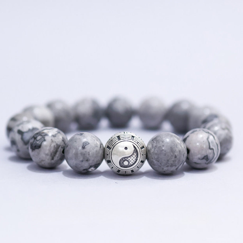White Turquoise & Map Stone Beaded Bracelet – Yin-Yang Metal Accent, 999 Silver Ba Gua Bead | Zen Ara Grove