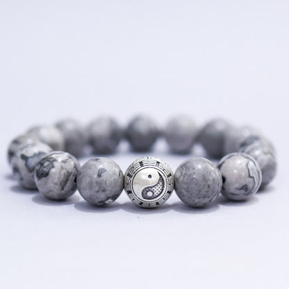 White Turquoise & Map Stone Beaded Bracelet – Yin-Yang Metal Accent, 999 Silver Ba Gua Bead | Zen Ara Grove