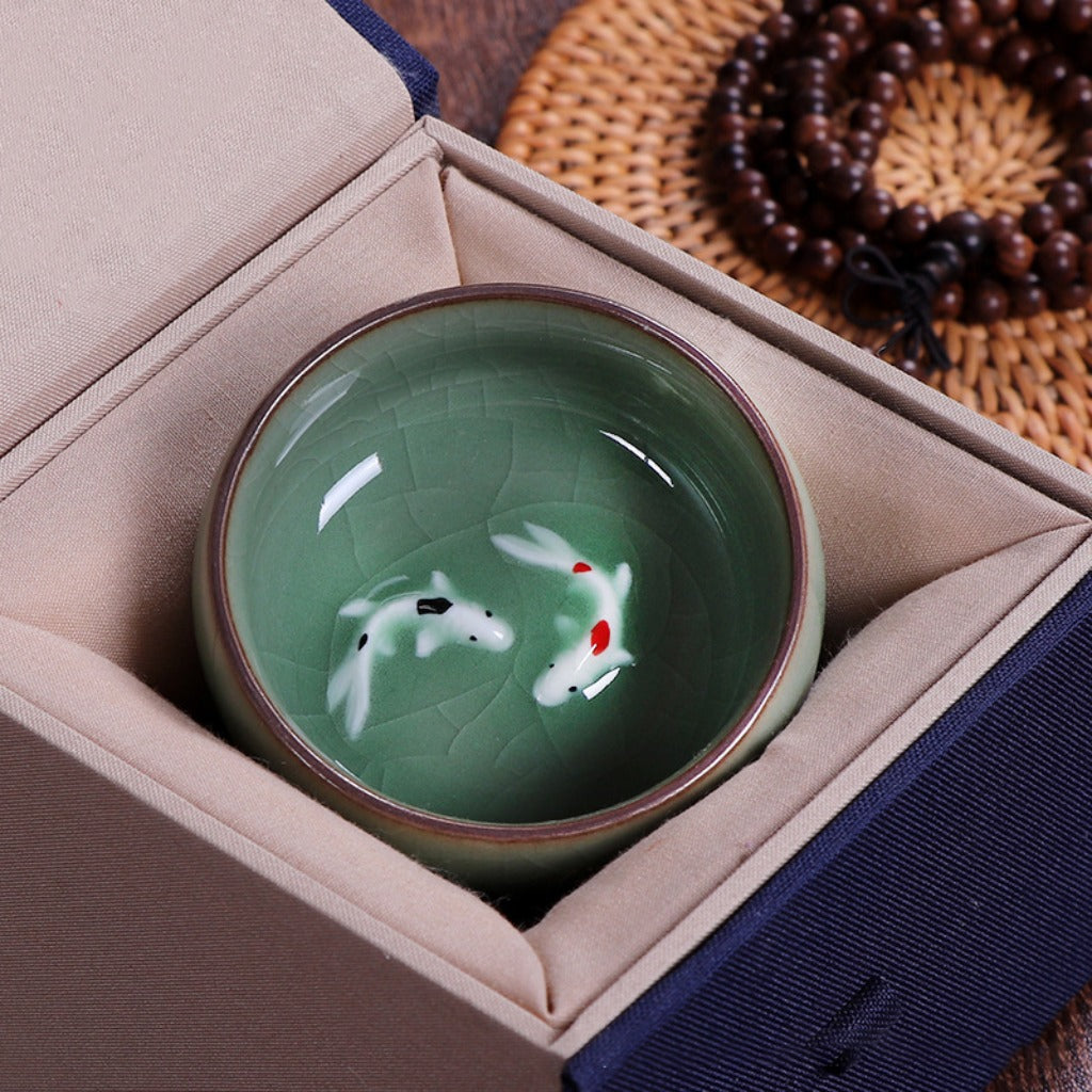Twin Koi Celadon Crackle Teacup