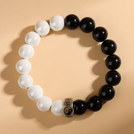 Yin Yang Balance Bracelet – Celestial Porcelain & Obsidian | Zen Ara Grove