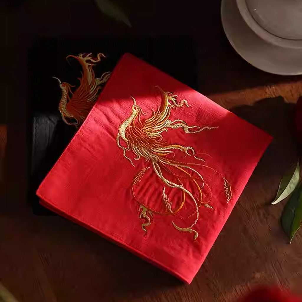 Double‑Layer Cotton Handkerchief – Hand‑Embroidered Phoenix Symbolizing Grace and Renewal | Zen Ara Grove