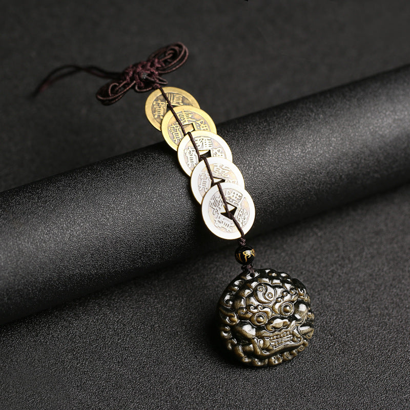 Guardian Beast & Fortune Coins – Gold Obsidian Pendant | Zen Ara Grove