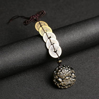 Guardian Beast & Fortune Coins – Gold Obsidian Pendant | Zen Ara Grove