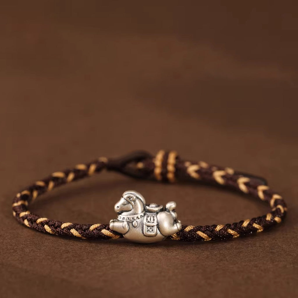 Sterling Silver Horse Charm Bracelet – Adjustable Braided Cord for Good Fortune | Zen Ara Grove