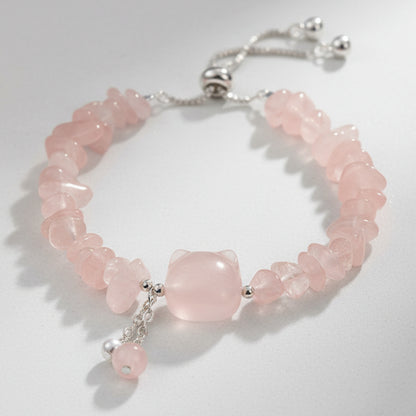 $9.99 LIMITED TIME OFFER Natural Pink Crystal Agate Gravel Stone Cat Head Soothing Bracelet | Zen Ara Grove