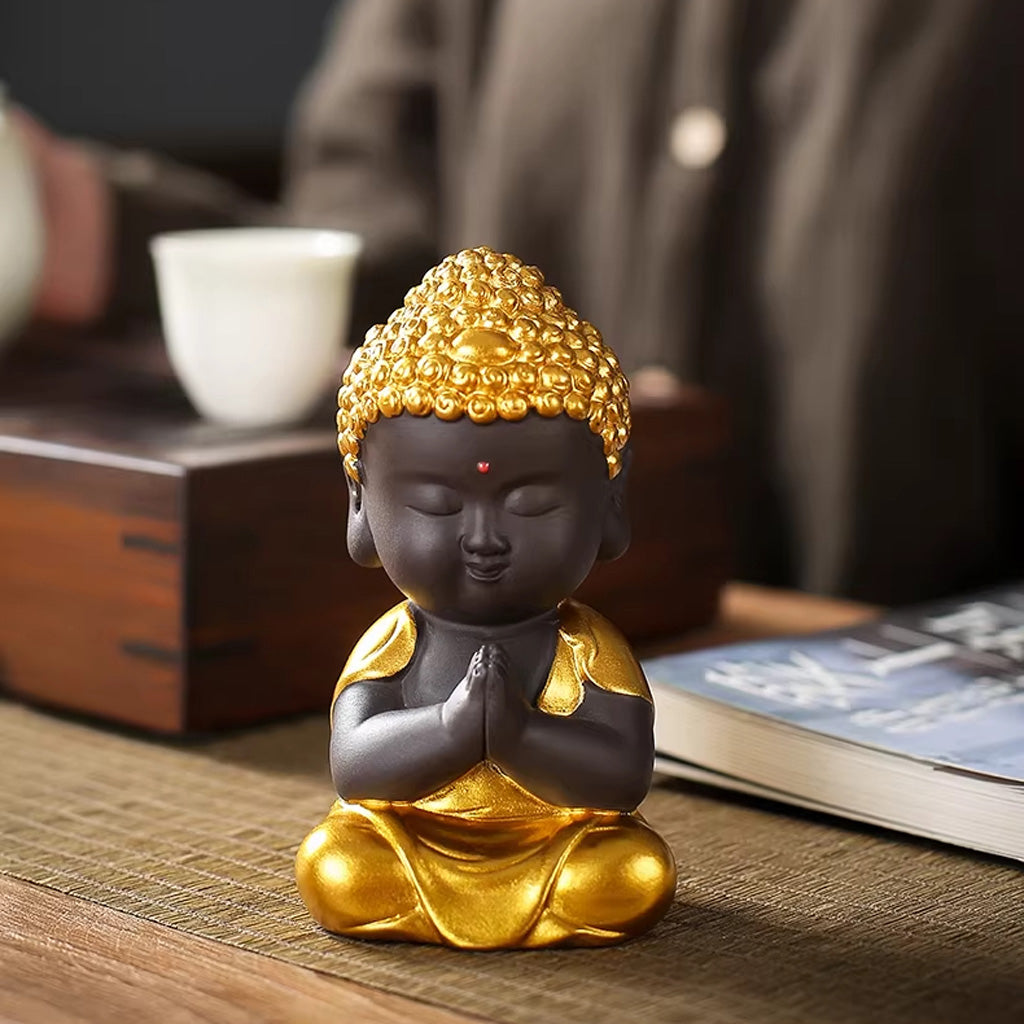 Mini Zen Buddha Statue – Handcrafted Purple Clay Ceramic with Golden Touch of Serenity | Zen Ara Grove
