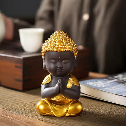 Mini Zen Buddha Statue – Handcrafted Purple Clay Ceramic with Golden Touch of Serenity | Zen Ara Grove