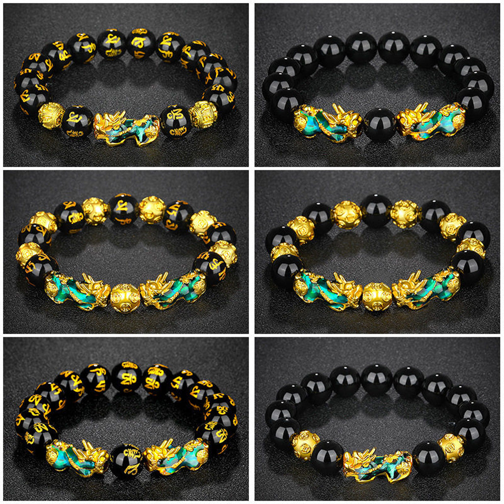 Thermo‑Color Changing Pixiu Obsidian Mantra Bracelet – Symbol of Protection and Fortune | Zen Ara Grove