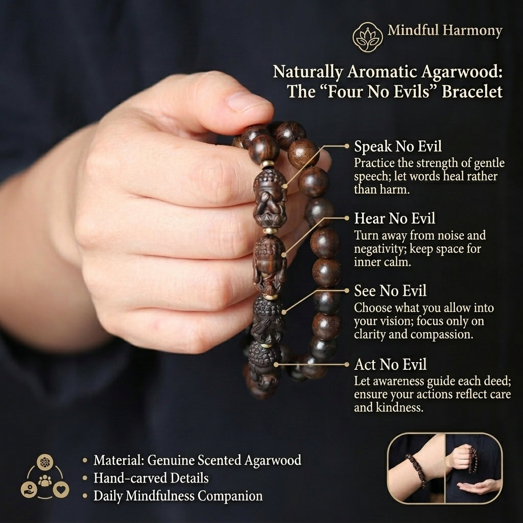 Hand‑Carved Four‑No‑Evil Buddha & Agarwood Bead Double‑Circle Bracelet – Symbol of Peace and Balance | Zen Ara Grove