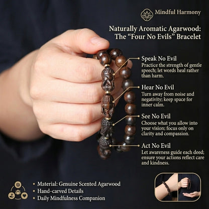 Hand‑Carved Four‑No‑Evil Buddha & Agarwood Bead Double‑Circle Bracelet – Symbol of Peace and Balance | Zen Ara Grove