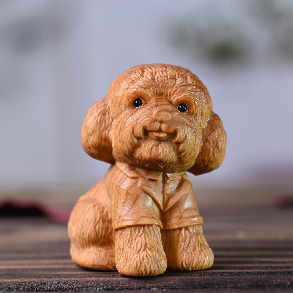 Hand-Carved Aromatic Cypress Teddy Dog Figurine – Artisan Wooden Desk Accent with Natural Scent | Zen Ara Grove