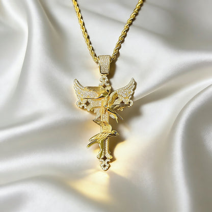 Full Diamond Peace Dove Cross Pendant Necklace – Symbol of Faith and Harmony | Zen Ara Grove