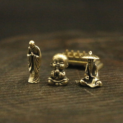 Mini Brass Figurine Set – Saluting Buddha, Luoyang Bridge Scene, Little Monk & Fishing Old Man | Zen Ara Grove