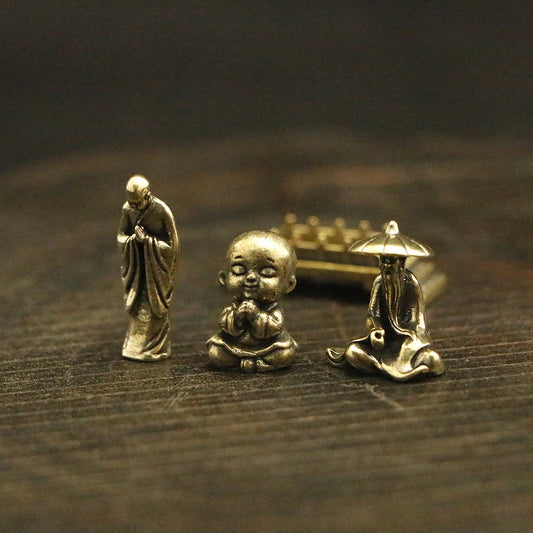 Mini Brass Figurine Set – Saluting Buddha, Luoyang Bridge Scene, Little Monk & Fishing Old Man | Zen Ara Grove