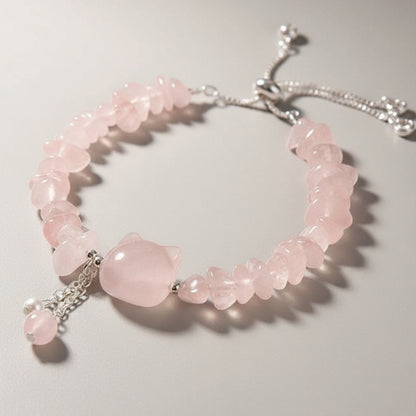 $9.99 LIMITED TIME OFFER Natural Pink Crystal Agate Gravel Stone Cat Head Soothing Bracelet | Zen Ara Grove