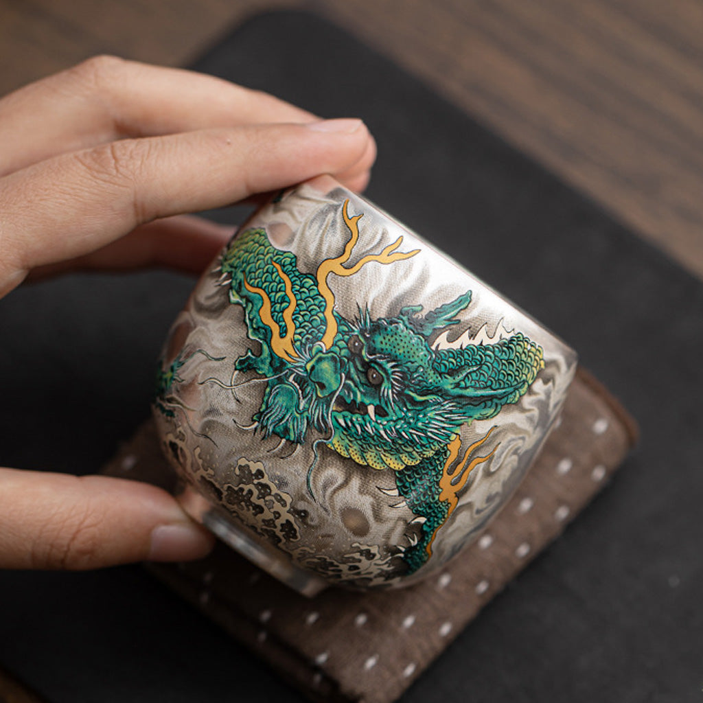 999 Silver Hammered Teacup – Dragon & Phoenix Design – Handcrafted Symbol of Strength and Harmony | Zen Ara Grove