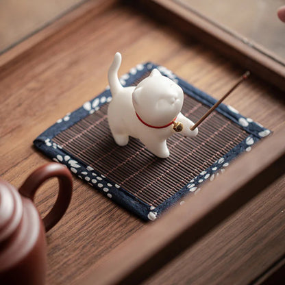 Mini Lucky Cat Kitten Tea Pet Ceramic Home Desk Figurine Decoration With Bamboo Mat| Zen Ara Grove