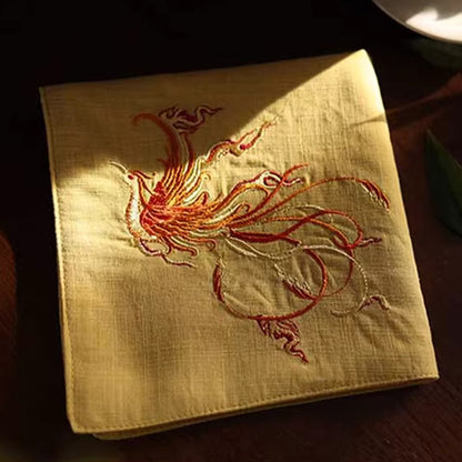Double‑Layer Cotton Handkerchief – Hand‑Embroidered Phoenix Symbolizing Grace and Renewal | Zen Ara Grove